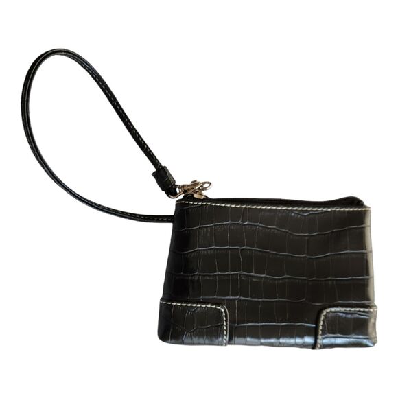 Liz Claiborne Wristlet Croc Embossed Faux Leather Black Zip Up - Picture 1 of 14